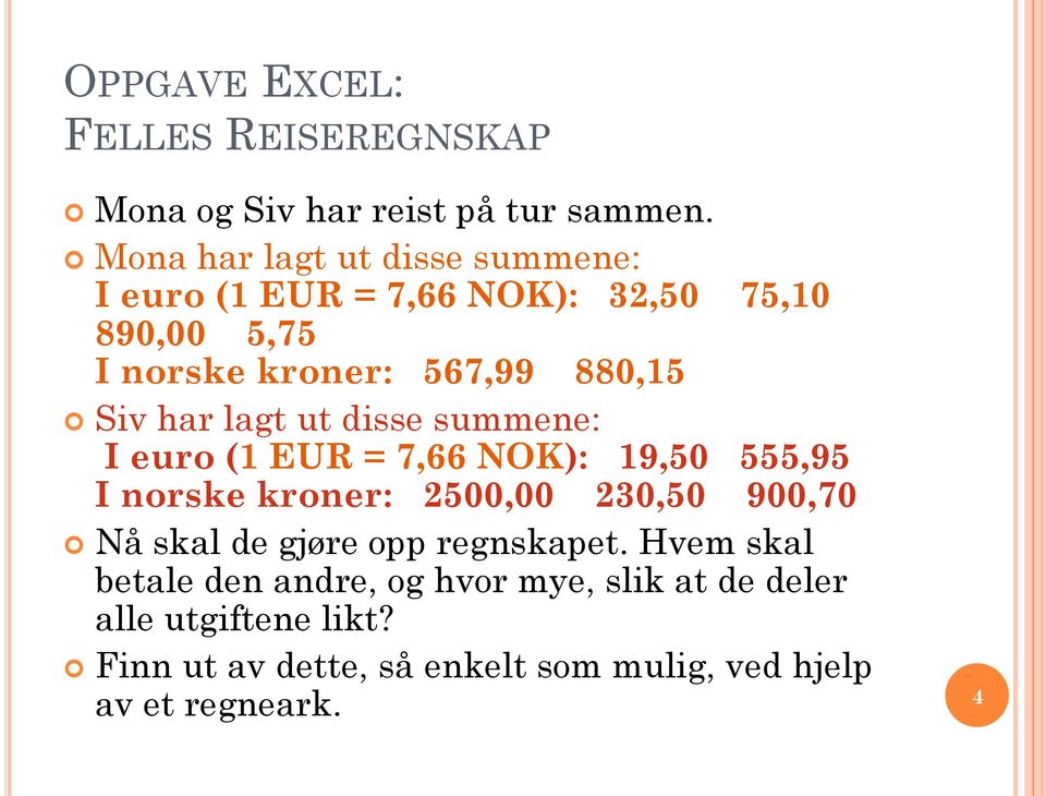 har lagt ut disse summene: I euro (1 EUR = 7,66 NOK): 19,50 555,95 I norske kroner: 2500,00 230,50 900,70 Nå skal de