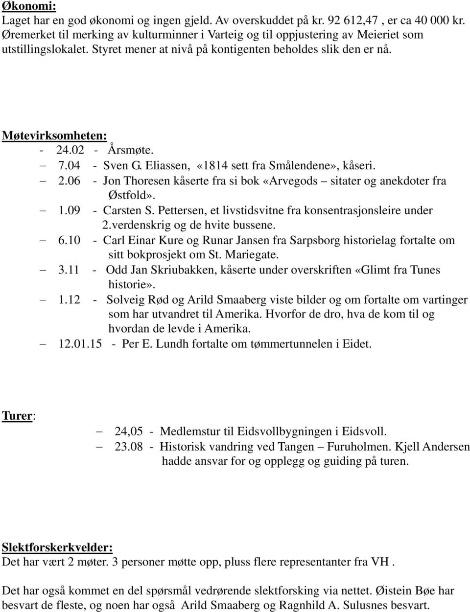 02 - Årsmøte. 7.04 - Sven G. Eliassen, «1814 sett fra Smålendene», kåseri. 2.06 - Jon Thoresen kåserte fra si bok «Arvegods sitater og anekdoter fra Østfold». 1.09 - Carsten S.