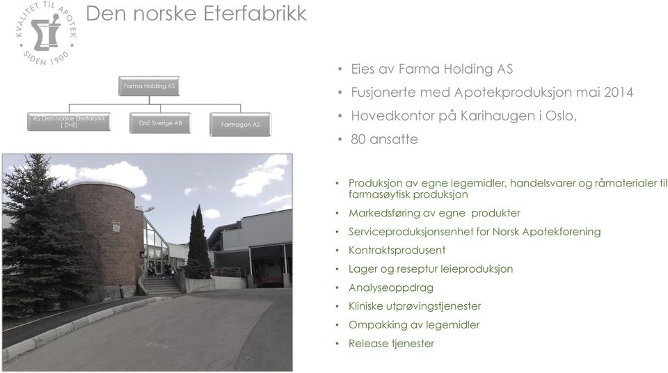 farmasøytisk produksjon Markedsføring av egne produkter Serviceproduksjonsenhet for Norsk Apotekforening