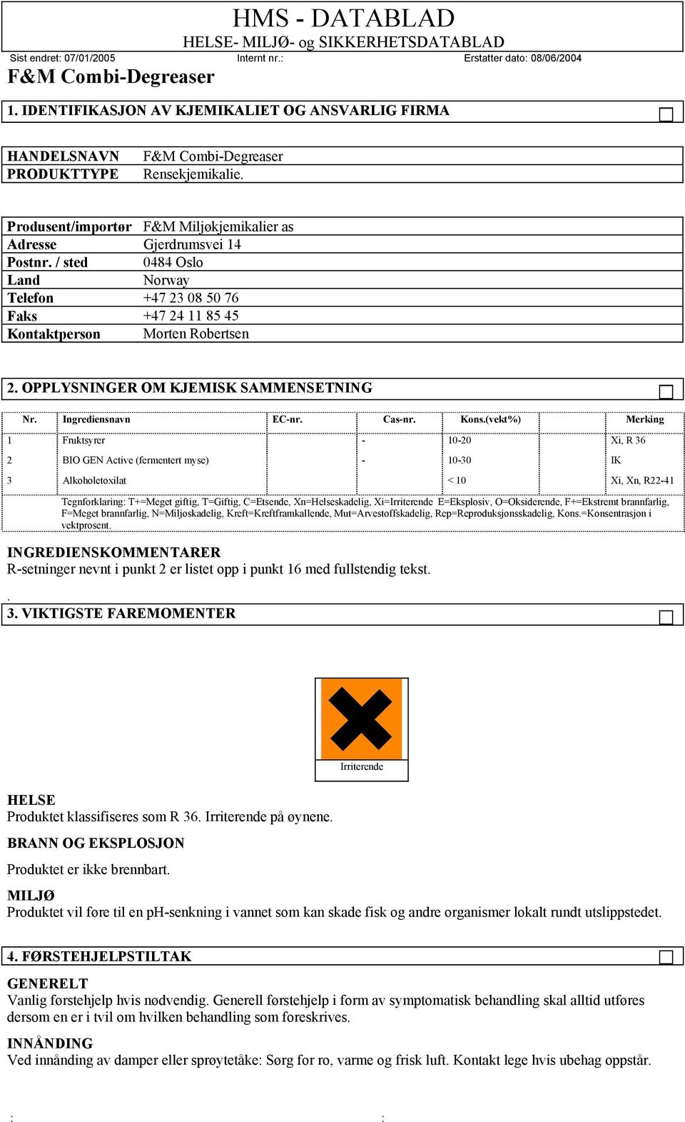 (vekt%) Merking 1 Fruktsyrer - 10-20 Xi, R 36 2 BIO GEN Active (fermentert myse) - 10-30 IK 3 Alkoholetoxilat < 10 Xi, Xn, R22-41 Tegnforklaring: T+=Meget giftig, T=Giftig, C=Etsende,