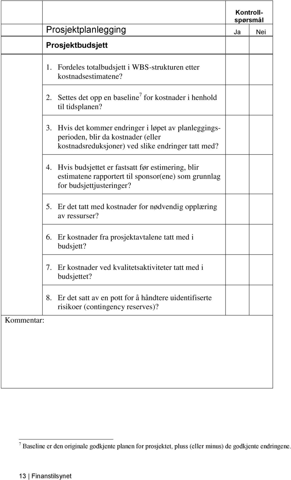 Hvis budsjettet er fastsatt før estimering, blir estimatene rapportert til sponsor(ene) som grunnlag for budsjettjusteringer? 5. Er det tatt med kostnader for nødvendig opplæring av ressurser? 6.