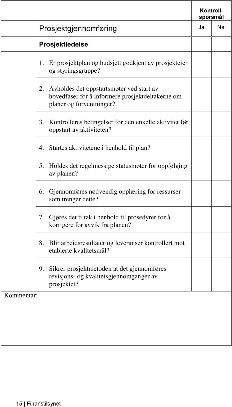 Kontrolleres betingelser for den enkelte aktivitet før oppstart av aktiviteten? 4. Startes aktivitetene i henhold til plan? 5. Holdes det regelmessige statusmøter for oppfølging av planen? 6.