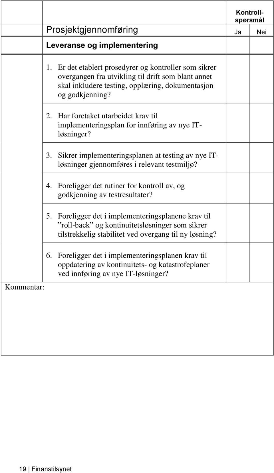 Har foretaket utarbeidet krav til implementeringsplan for innføring av nye ITløsninger? 3. Sikrer implementeringsplanen at testing av nye ITløsninger gjennomføres i relevant testmiljø? 4.