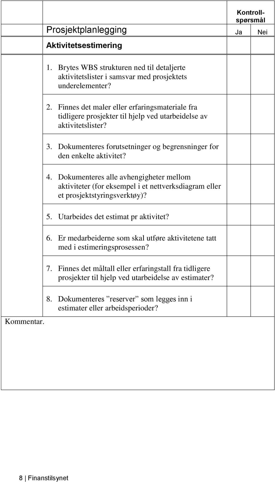 Dokumenteres alle avhengigheter mellom aktiviteter (for eksempel i et nettverksdiagram eller et prosjektstyringsverktøy)? 5. Utarbeides det estimat pr aktivitet? 6.