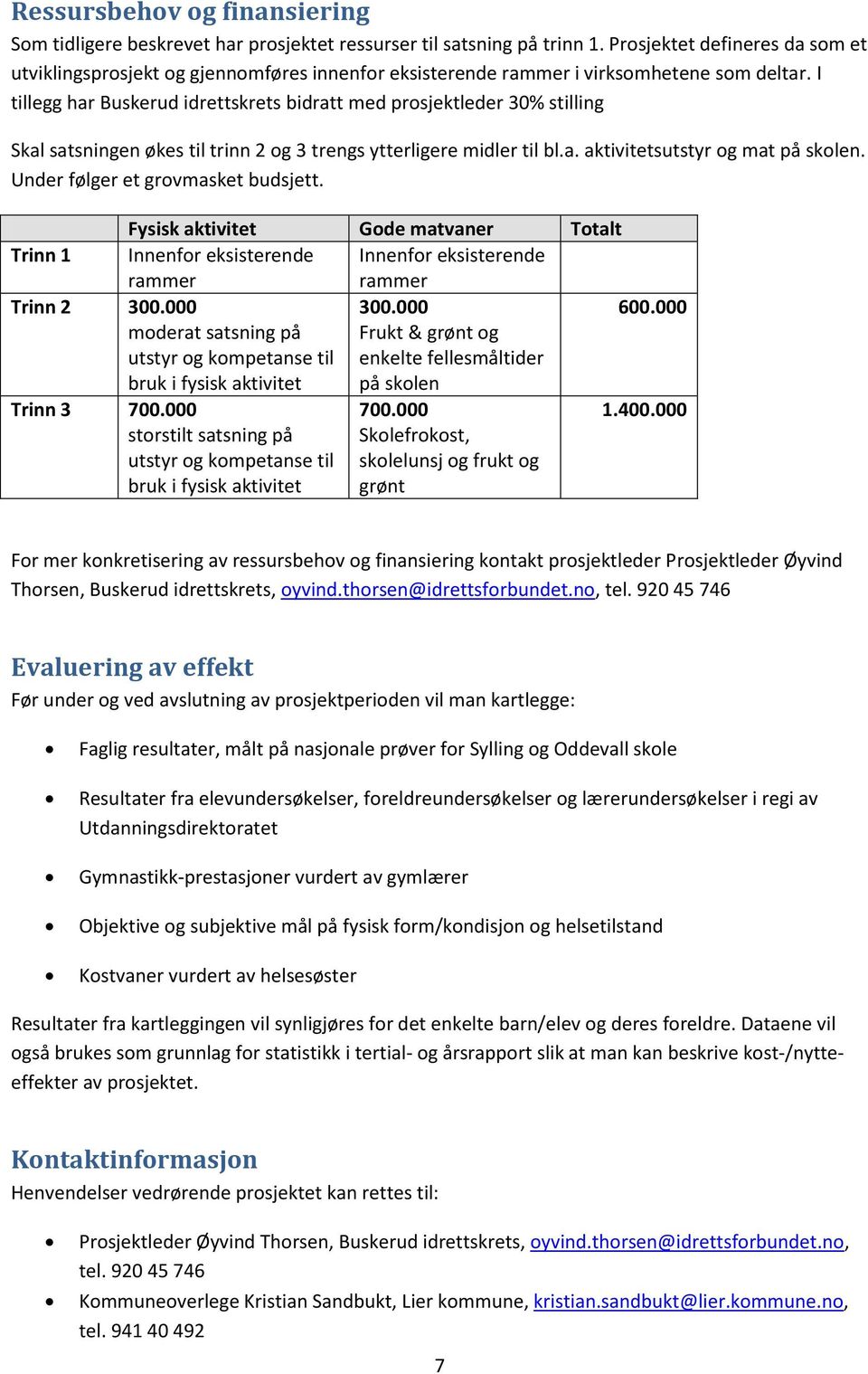 I tillegg har Buskerud idrettskrets bidratt med prosjektleder 30% stilling Skal satsningen økes til trinn 2 og 3 trengs ytterligere midler til bl.a. aktivitetsutstyr og mat på skolen.