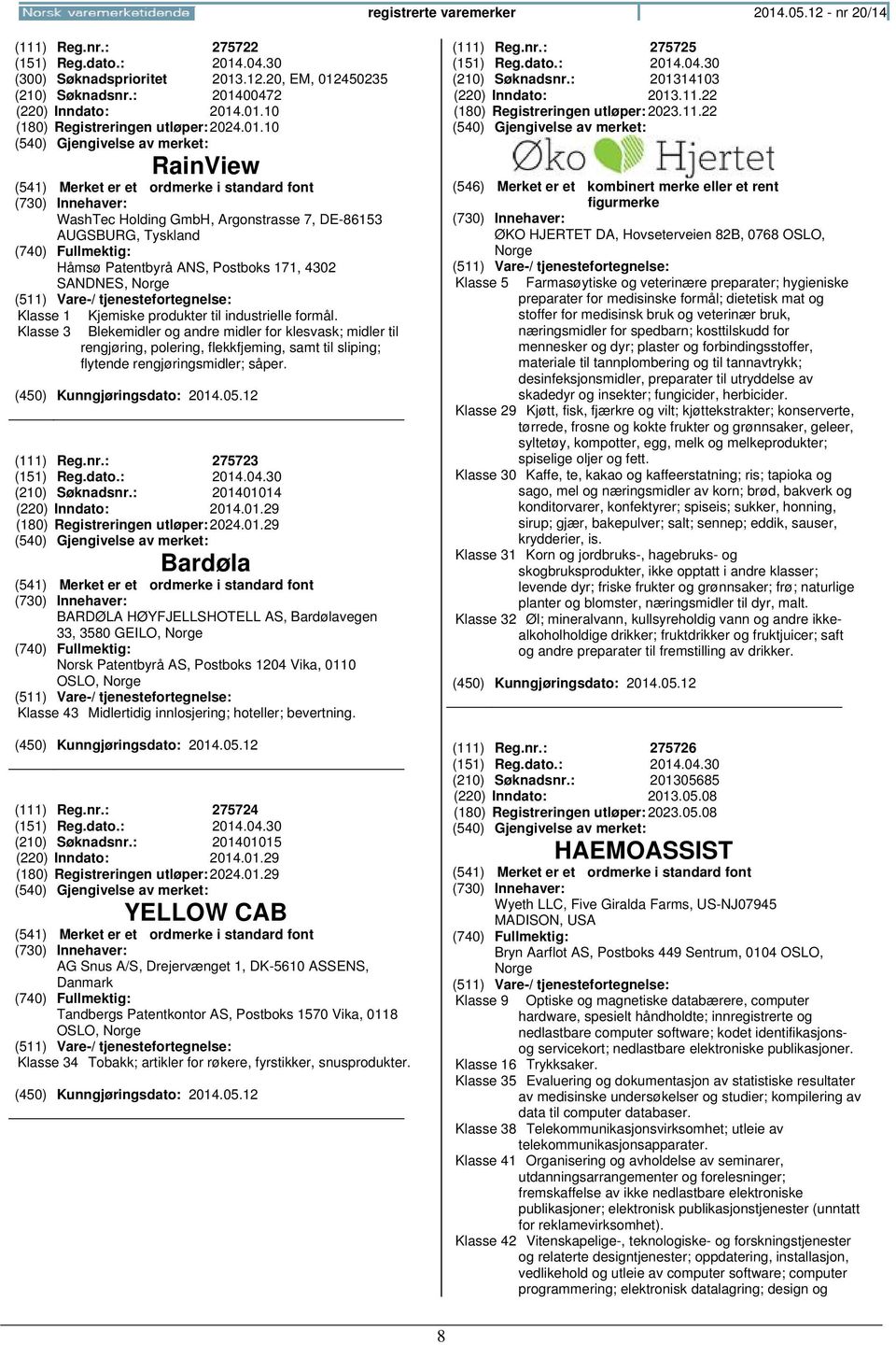 Blekemidler og andre midler for klesvask; midler til rengjøring, polering, flekkfjeming, samt til sliping; flytende rengjøringsmidler; såper. (111) Reg.nr.: 275723 (151) Reg.dato.: 2014.04.