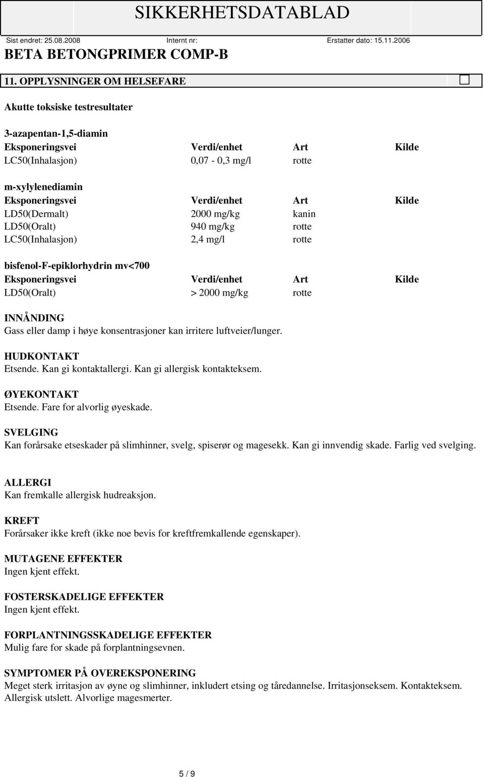 2000 mg/kg rotte INNÅNDING Gass eller damp i høye konsentrasjoner kan irritere luftveier/lunger. HUDKONTAKT Etsende. Kan gi kontaktallergi. Kan gi allergisk kontakteksem. ØYEKONTAKT Etsende.