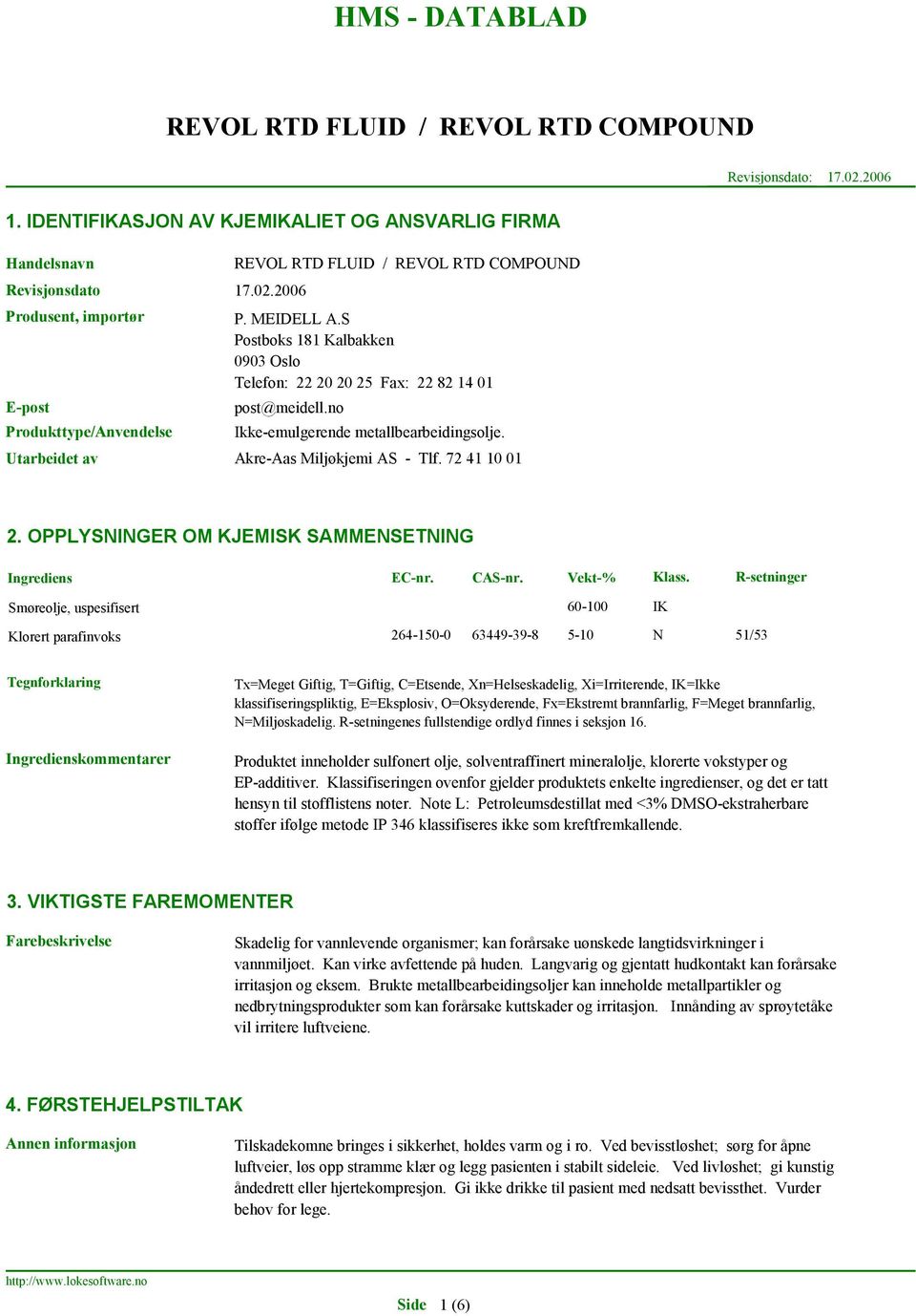 OPPLYSNINGER OM KJEMISK SAMMENSETNING Ingrediens EC-nr. CAS-nr. Vekt-% Klass.