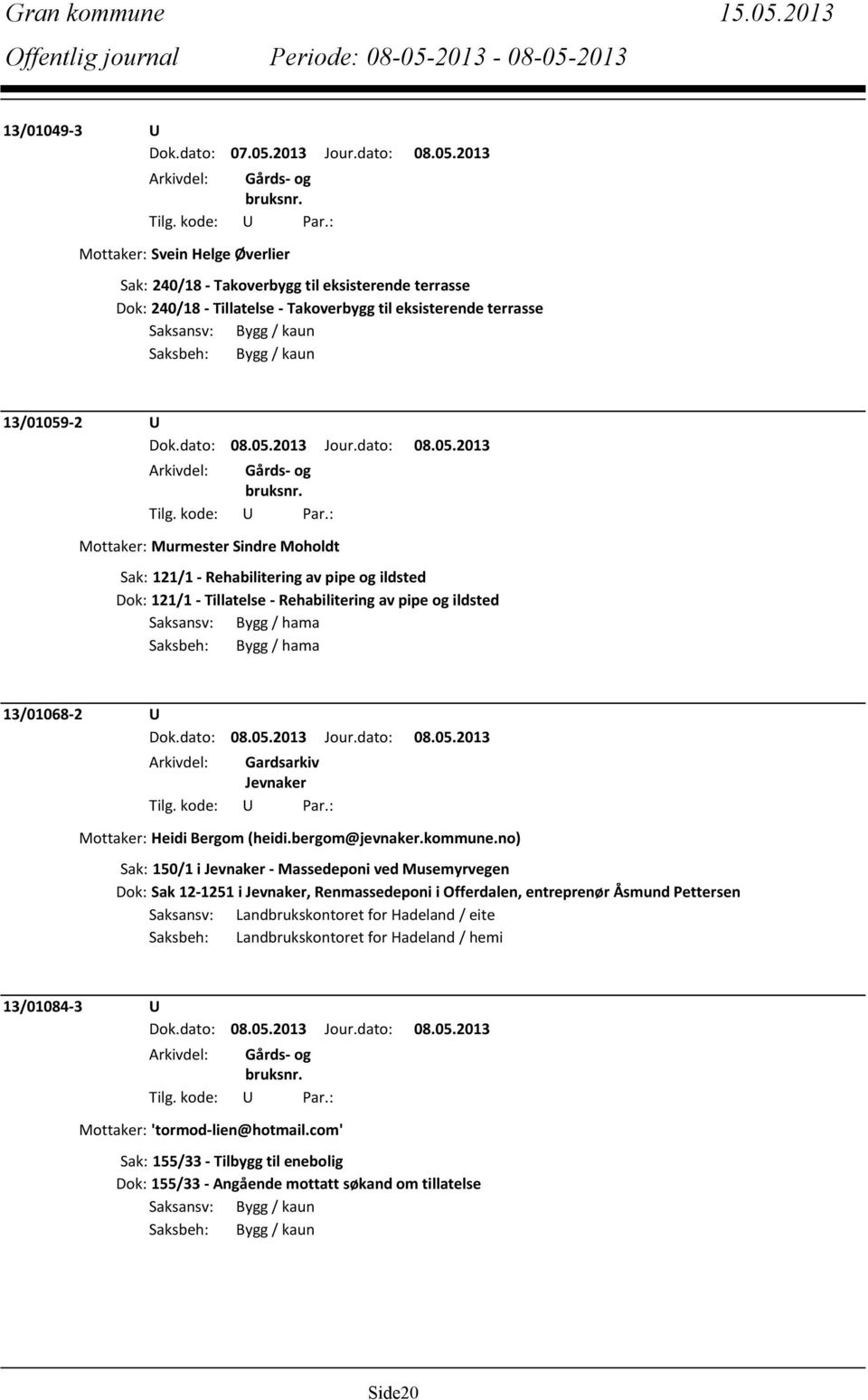 Bygg / kaun 13/01059-2 U Mottaker: Murmester Sindre Moholdt Sak: 121/1 - Rehabilitering av pipe og ildsted Dok: 121/1 - Tillatelse - Rehabilitering av pipe og ildsted Saksansv: Bygg / hama Saksbeh: