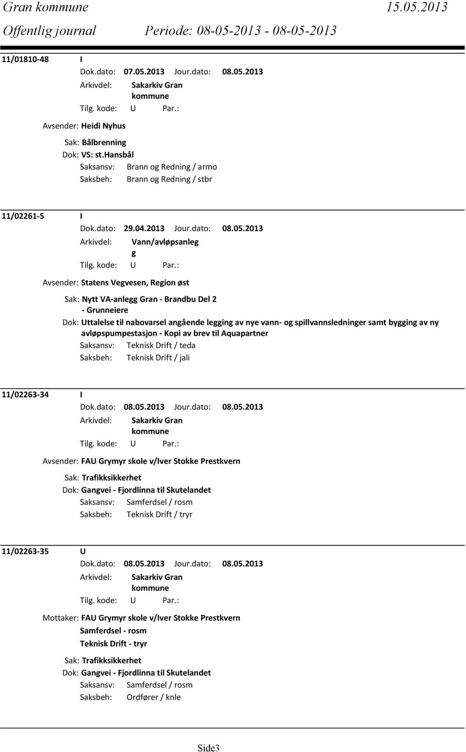 2013 Arkivdel: Vann/avløpsanleg g Avsender: Statens Vegvesen, Region øst Sak: Nytt VA-anlegg Gran - Brandbu Del 2 - Grunneiere Dok: Uttalelse til nabovarsel angående legging av nye vann- og