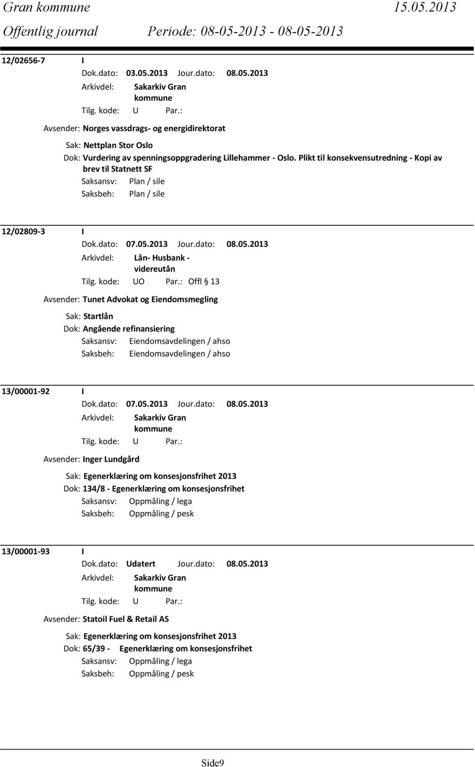 Sak: Startlån Dok: Angående refinansiering Saksansv: Eiendomsavdelingen / ahso Saksbeh: Eiendomsavdelingen / ahso 13/00001-92 I Avsender: Inger Lundgård Sak: Egenerklæring om konsesjonsfrihet 2013