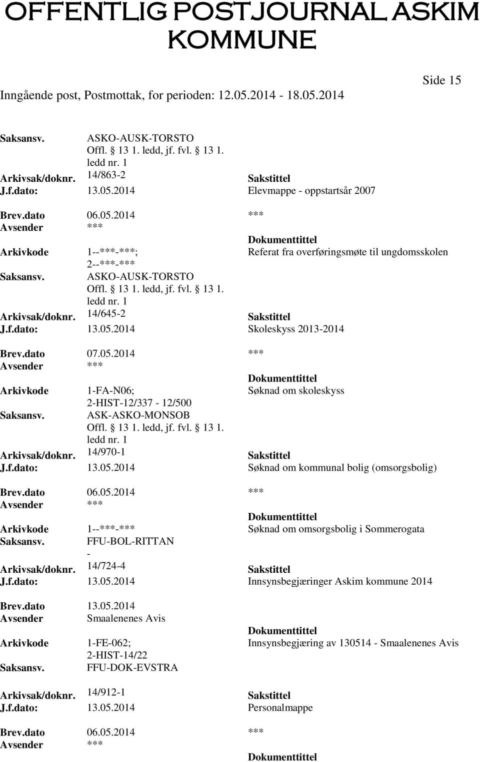 dato 06.05.2014 *** 1--***-*** Søknad om omsorgsbolig i Sommerogata FFU-BOL-RITTAN - Arkivsak/doknr. 14/724-4 Sakstittel J.f.dato: 13.05.2014 Innsynsbegjæringer Askim kommune 2014 Brev.dato 13.05.2014 Avsender Smaalenenes Avis 1-FE-062; 2-HIST-14/22 FFU-DOK-EVSTRA Innsynsbegjæring av 130514 - Smaalenenes Avis Arkivsak/doknr.