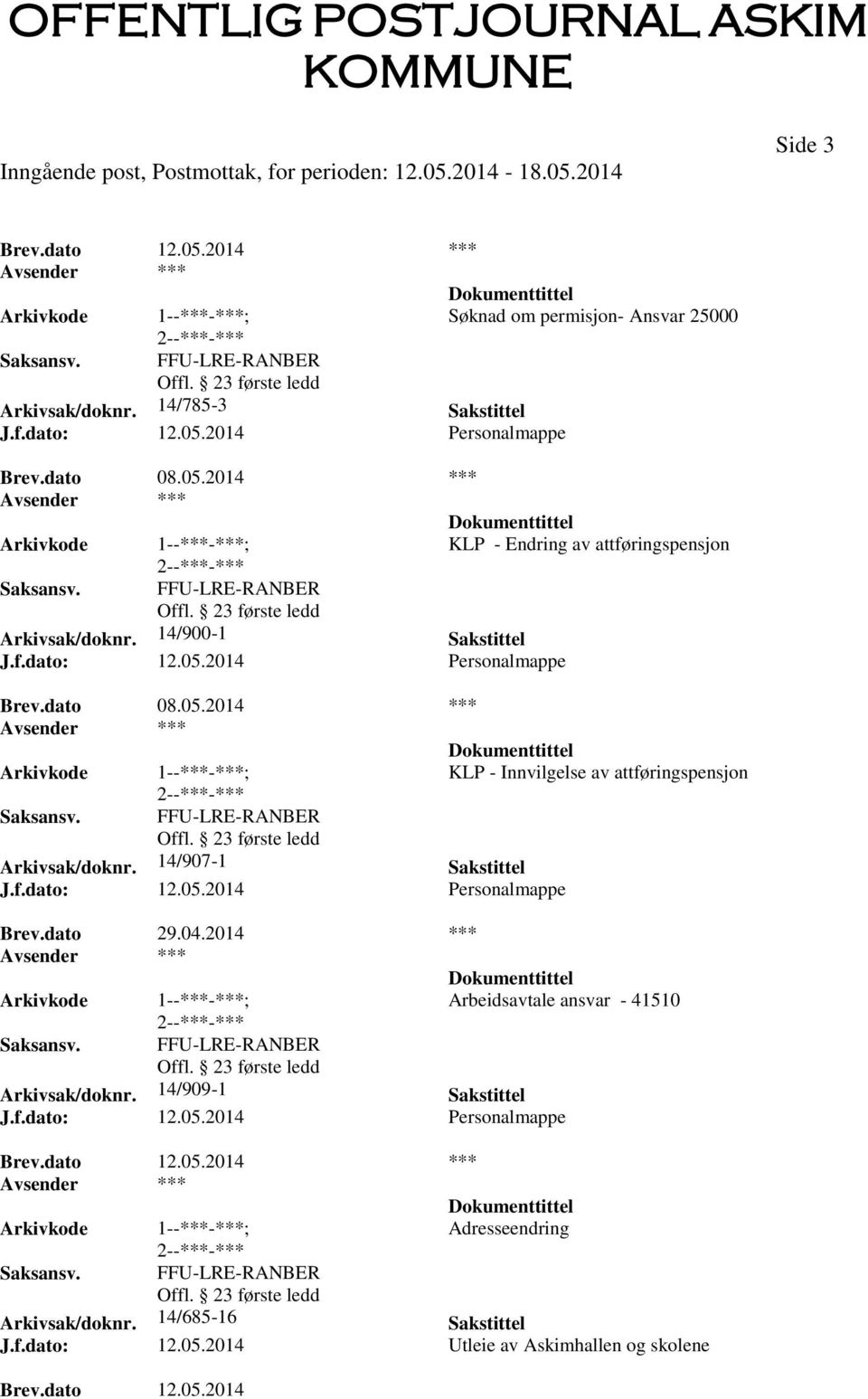 23 første ledd Arkivsak/doknr. 14/907-1 Sakstittel J.f.dato: 12.05.2014 Personalmappe Brev.dato 29.04.2014 *** 1--***-***; Arbeidsavtale ansvar - 41510 FFU-LRE-RANBER Offl.