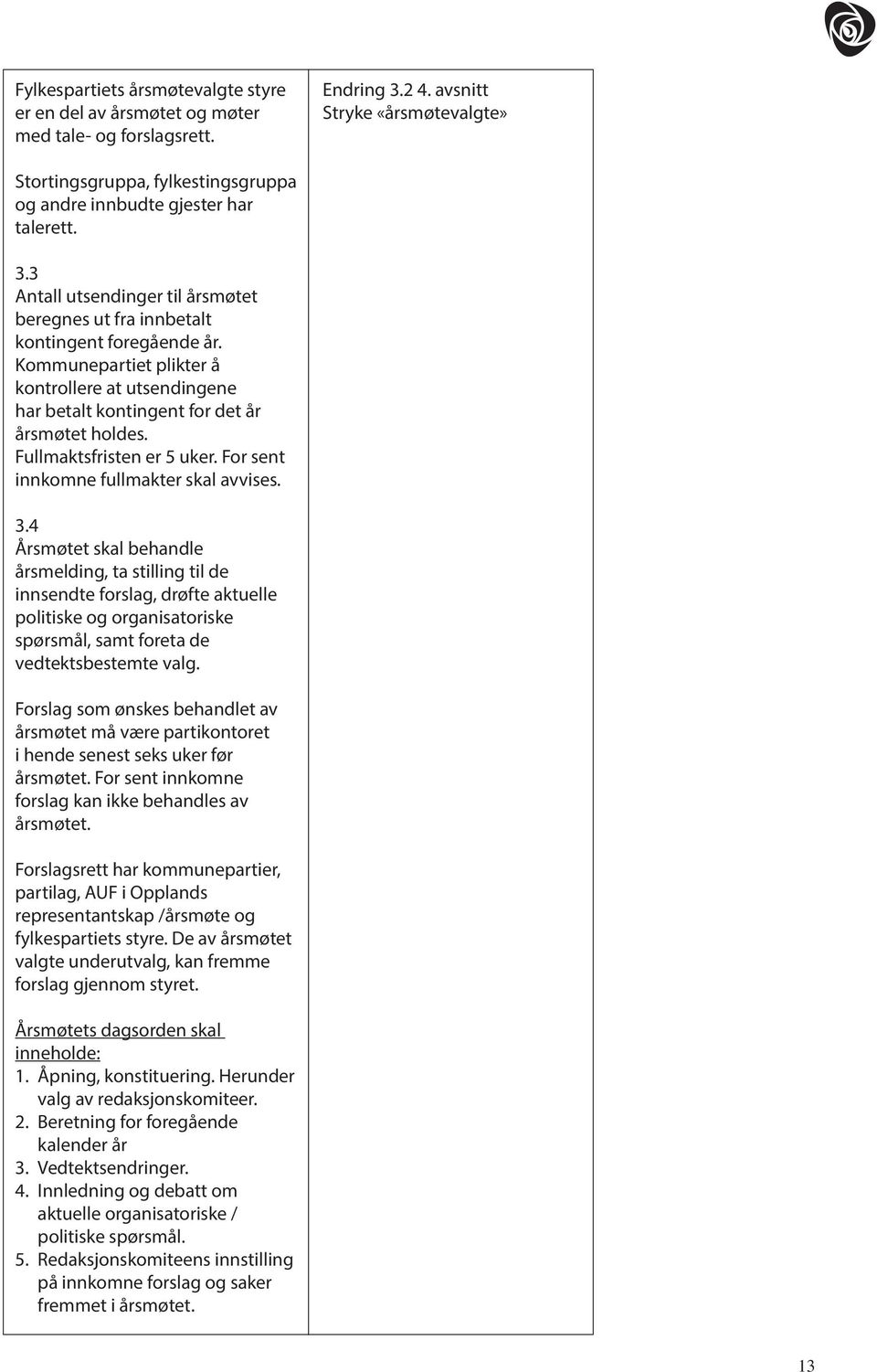 Kommunepartiet plikter å kontrollere at utsendingene har betalt kontingent for det år årsmøtet holdes. Fullmaktsfristen er 5 uker. For sent innkomne fullmakter skal avvises. 3.