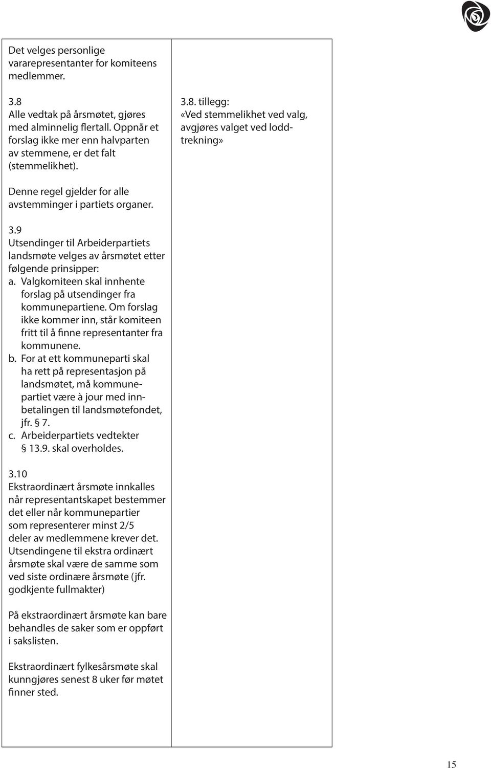 tillegg: «Ved stemmelikhet ved valg, avgjøres valget ved loddtrekning» Denne regel gjelder for alle avstemminger i partiets organer. 3.
