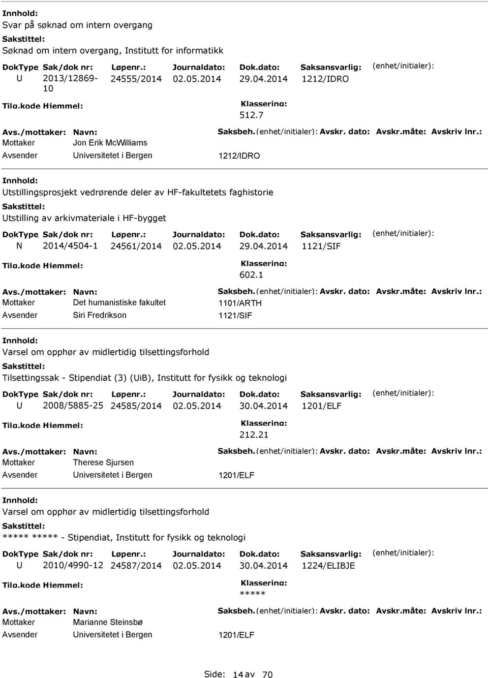 : Mottaker Jon Erik McWilliams 1212/DRO tstillingsprosjekt vedrørende deler av HF-fakultetets faghistorie tstilling av arkivmateriale i HF-bygget 2014/4504-1 24561/2014 29.04.2014 1121/SF 602.1 Avs.