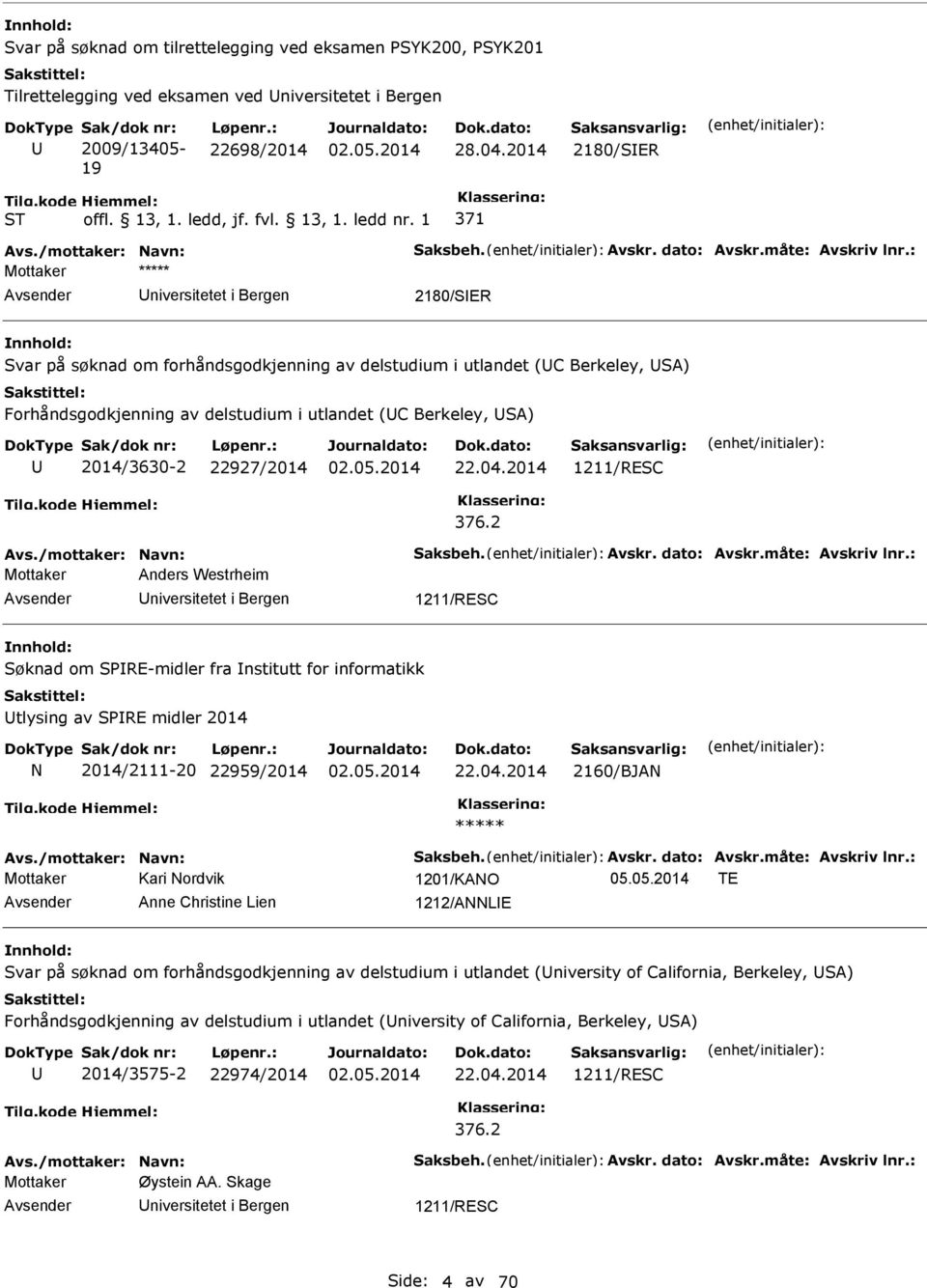 : Mottaker 2180/SER Svar på søknad om forhåndsgodkjenning av delstudium i utlandet (C Berkeley, SA) Forhåndsgodkjenning av delstudium i utlandet (C Berkeley, SA) 2014/3630-2 22927/2014 22.04.