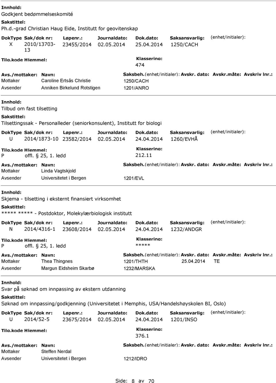 : Mottaker Caroline Ertsås Christie 1250/CACH Anniken Birkelund Rotstigen 1201/ARO Tilbud om fast tilsetting Tilsettingssak - ersonalleder (seniorkonsulent), nstitutt for biologi 2014/1873-10