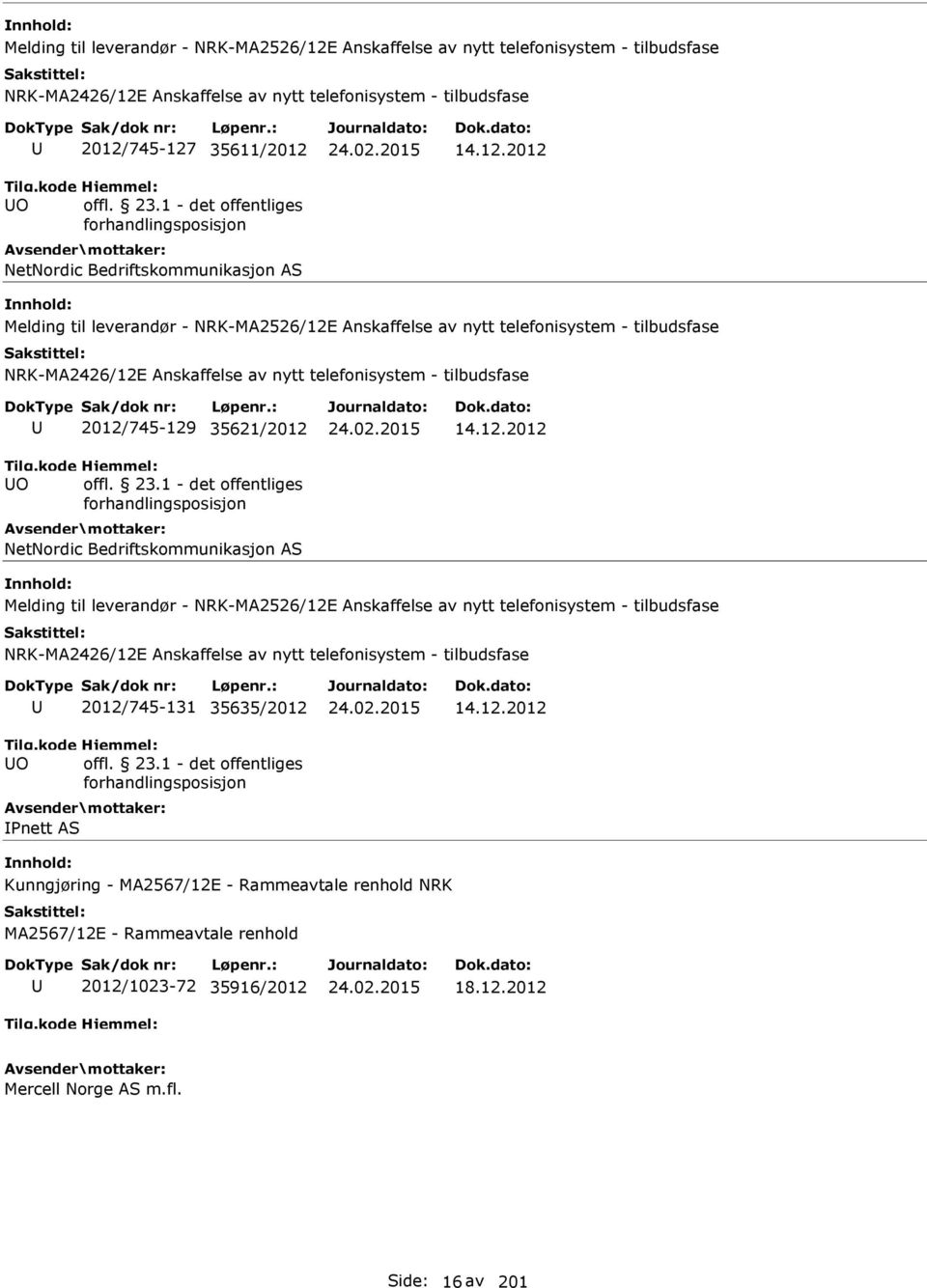 2012 Melding til leverandør - NRK-MA2526/12E Anskaffelse av nytt telefonisystem - tilbudsfase NRK-MA2426/12E Anskaffelse av nytt telefonisystem - tilbudsfase O 2012/745-129 35621/2012 NetNordic 2012