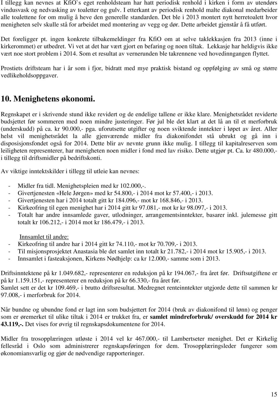 Det ble i 2013 montert nytt herretoalett hvor menigheten selv skulle stå for arbeidet med montering av vegg og dør. Dette arbeidet gjenstår å få utført. Det foreligger pt.