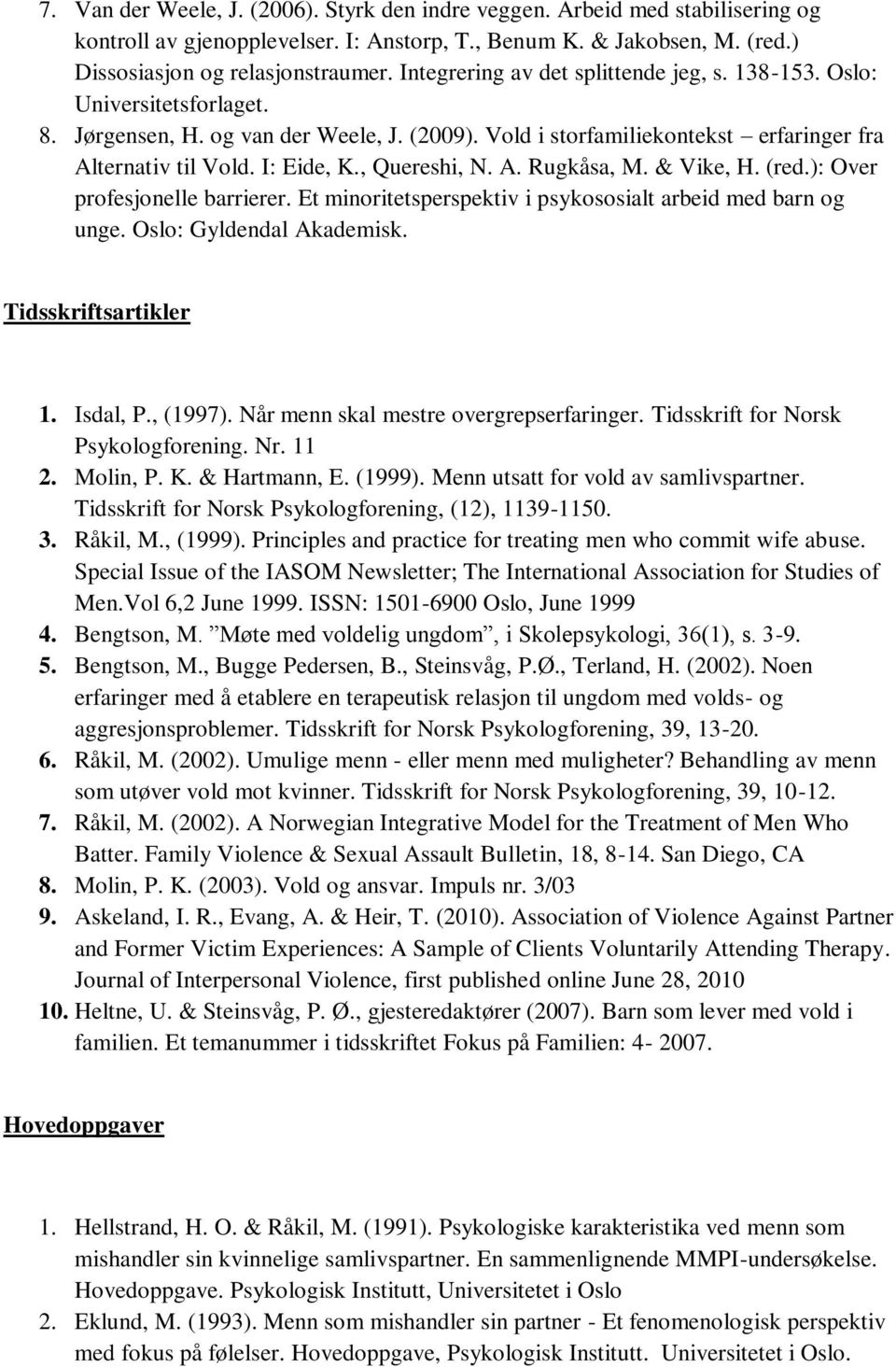 , Quereshi, N. A. Rugkåsa, M. & Vike, H. (red.): Over profesjonelle barrierer. Et minoritetsperspektiv i psykososialt arbeid med barn og unge. Oslo: Gyldendal Akademisk. Tidsskriftsartikler 1.