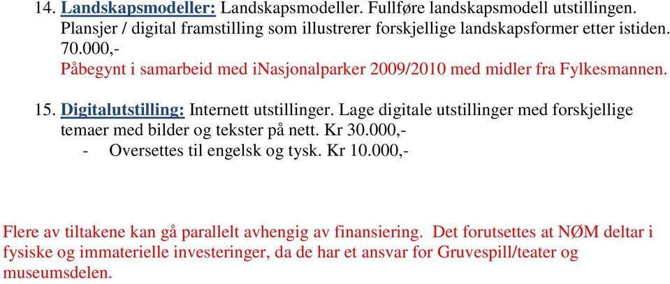 000,- Påbegynt i samarbeid med inasjonalparker 2009/2010 med midler fra Fylkesmannen. 15. Digitalutstilling: Internett utstillinger.