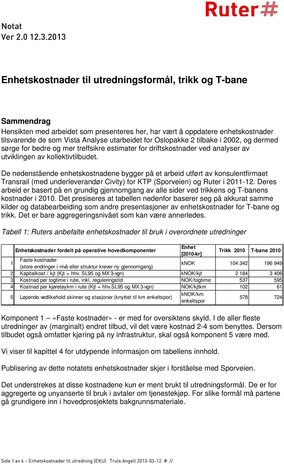 Oslopakke 2 tilbake i 2002, og dermed sørge for bedre og mer treffsikre estimater for driftskostnader ved analyser av utviklingen av kollektivtilbudet.