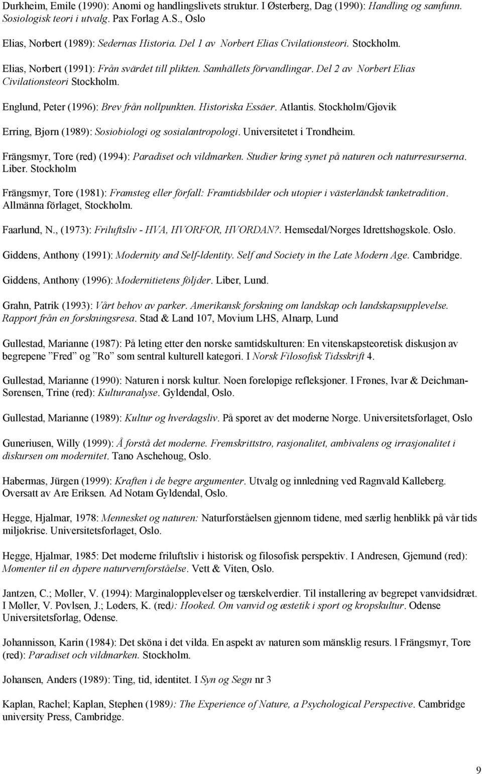 Englund, Peter (1996): Brev från nollpunkten. Historiska Essäer. Atlantis. Stockholm/Gjøvik Erring, Bjørn (1989): Sosiobiologi og sosialantropologi. Universitetet i Trondheim.