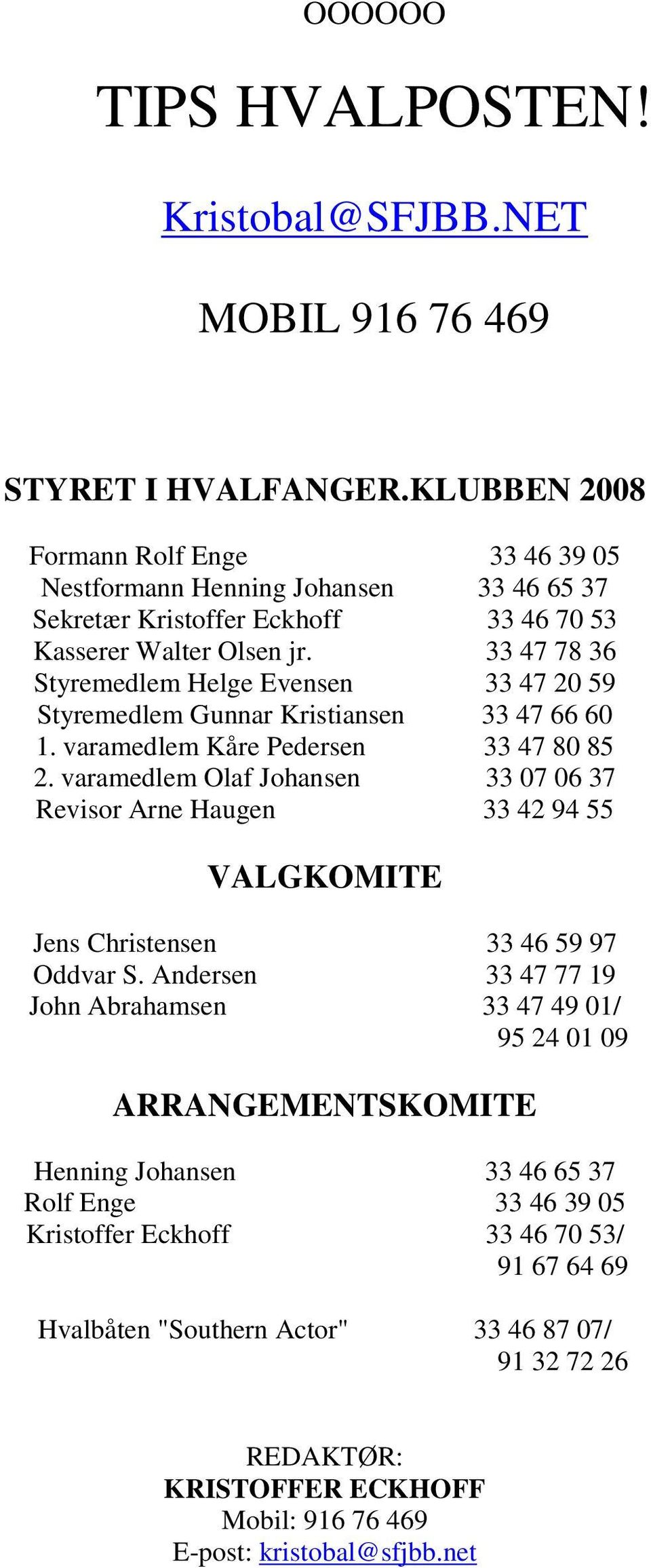 33 47 78 36 Styremedlem Helge Evensen 33 47 20 59 Styremedlem Gunnar Kristiansen 33 47 66 60 1. varamedlem Kåre Pedersen 33 47 80 85 2.