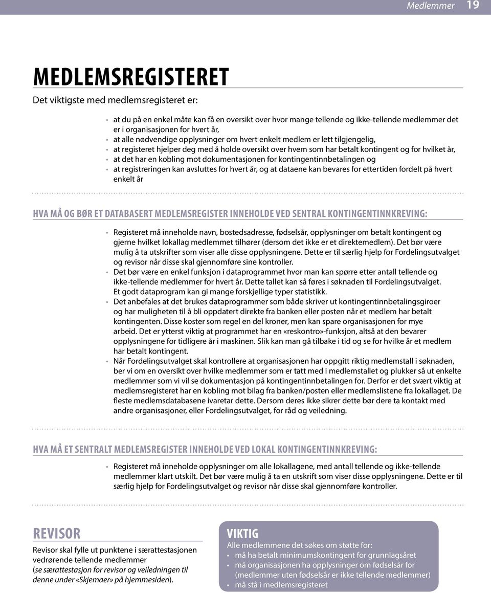 kobling mot dokumentasjonen for kontingentinnbetalingen og at registreringen kan avsluttes for hvert år, og at dataene kan bevares for ettertiden fordelt på hvert enkelt år HVA MÅ OG BØR ET