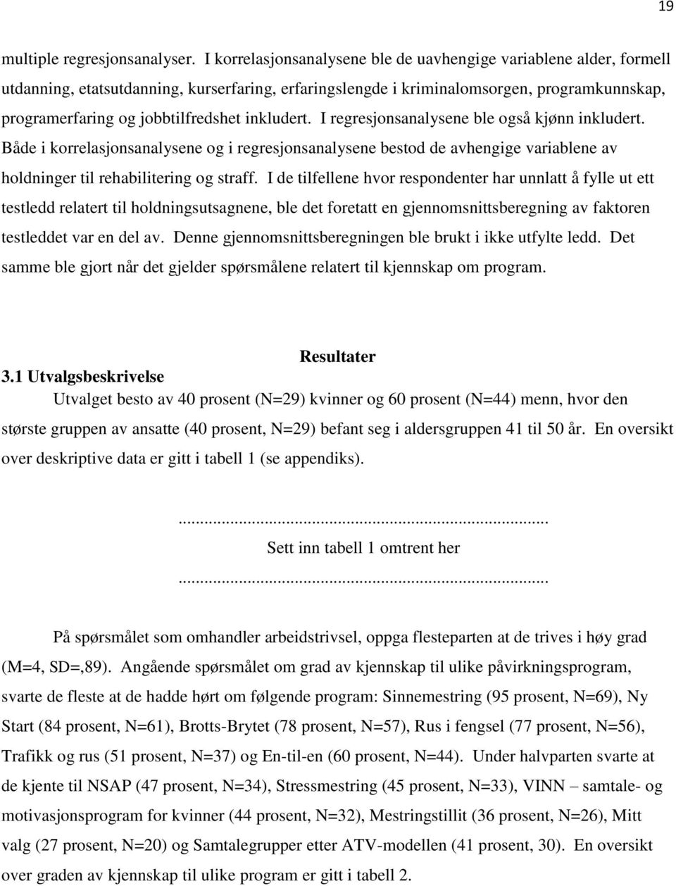 inkludert. I regresjonsanalysene ble også kjønn inkludert. Både i korrelasjonsanalysene og i regresjonsanalysene bestod de avhengige variablene av holdninger til rehabilitering og straff.