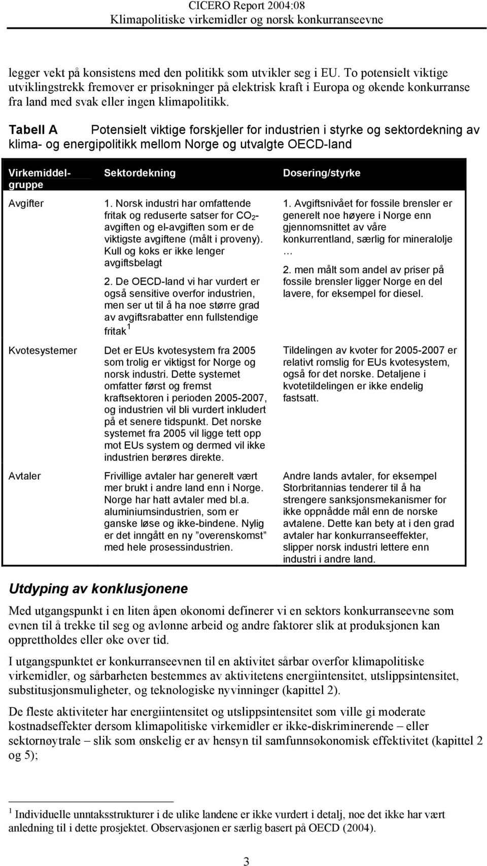 Tabell A Potensielt viktige forskeller for industrien i styrke og sektordekning av klima- og energipolitikk mellom Norge og utvalgte OECD-land Virkemiddelgruppe Avgifter Sektordekning 1.