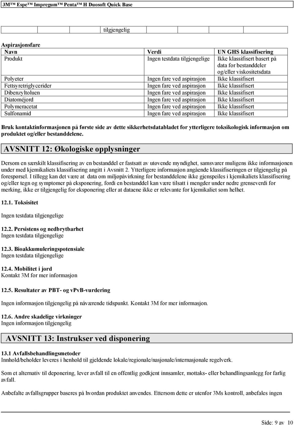 aspirasjon Bruk kontaktinformasjonen på første side av dette sikkerhetsdatabladet for ytterligere toksikologisk informasjon om produktet og/eller bestanddelene.