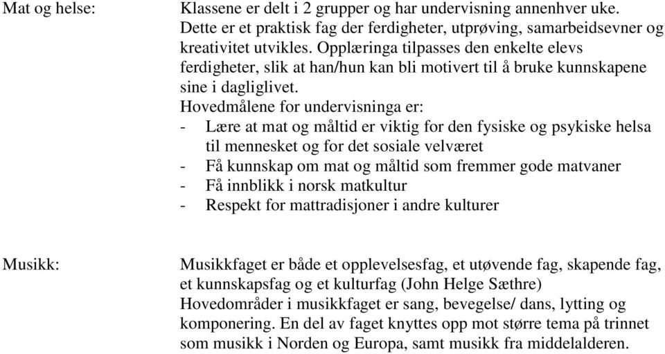 Hovedmålene for undervisninga er: - Lære at mat og måltid er viktig for den fysiske og psykiske helsa til mennesket og for det sosiale velværet - Få kunnskap om mat og måltid som fremmer gode