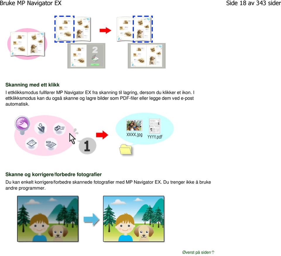 I ettklikksmodus kan du også skanne og lagre bilder som PDF-filer eller legge dem ved e-post automatisk.