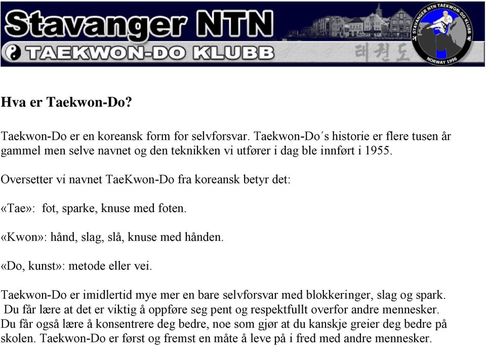 Oversetter vi navnet TaeKwon-Do fra koreansk betyr det: «Tae»: fot, sparke, knuse med foten. «Kwon»: hånd, slag, slå, knuse med hånden. «Do, kunst»: metode eller vei.