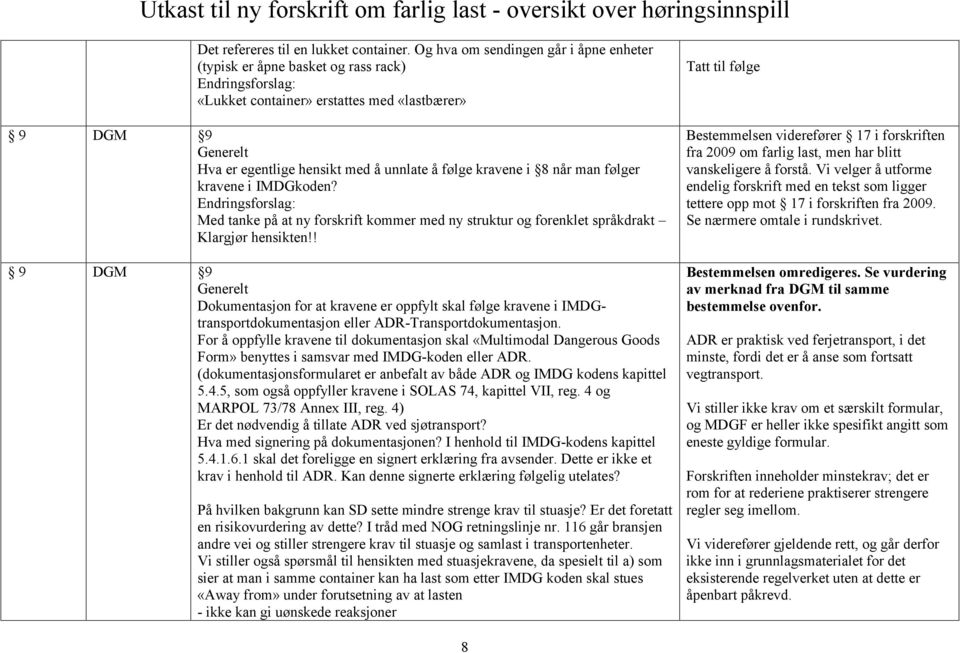 når man følger kravene i IMDGkoden? Med tanke på at ny forskrift kommer med ny struktur og forenklet språkdrakt Klargjør hensikten!