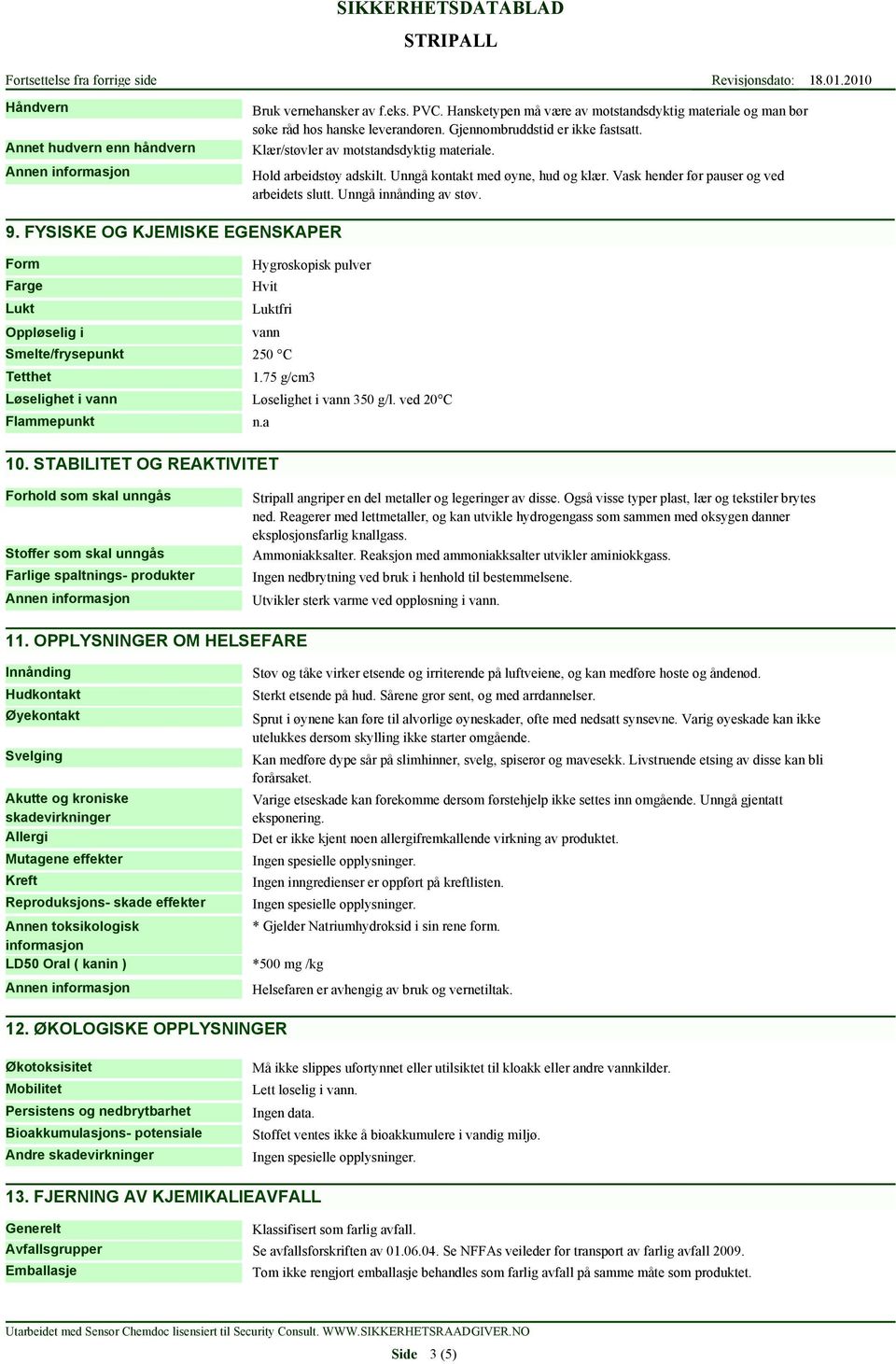 FYSISKE OG KJEMISKE EGENSKAPER Form Farge Lukt Oppløselig i Smelte/frysepunkt Tetthet Løselighet i vann Flammepunkt Hygroskopisk pulver Hvit Luktfri vann 250 C 1.75 g/cm3 Løselighet i vann 350 g/l.