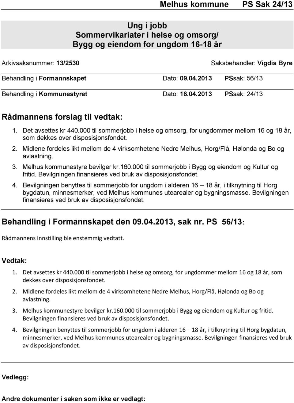 000 til sommerjobb i helse og omsorg, for ungdommer mellom 16 og 18 år, som dekkes over disposisjonsfondet. 2.