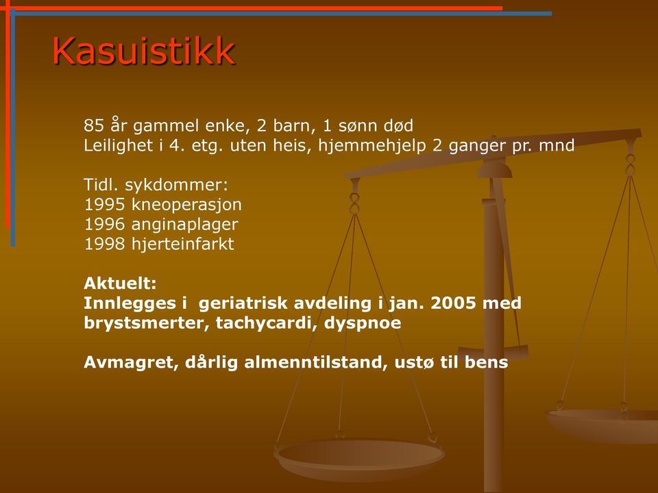 sykdommer: 1995 kneoperasjon 1996 anginaplager 1998 hjerteinfarkt Aktuelt: