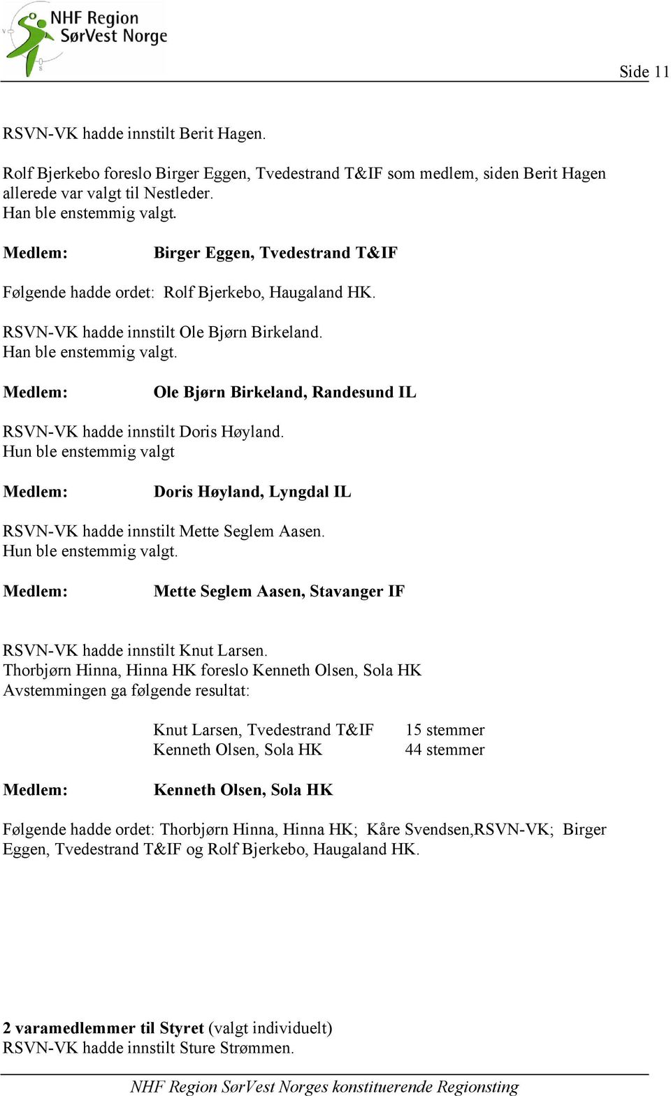 Ole Bjørn Birkeland, Randesund IL RSVN-VK hadde innstilt Doris Høyland. Hun ble enstemmig valgt Doris Høyland, Lyngdal IL RSVN-VK hadde innstilt Mette Seglem Aasen. Hun ble enstemmig valgt. Mette Seglem Aasen, Stavanger IF RSVN-VK hadde innstilt Knut Larsen.