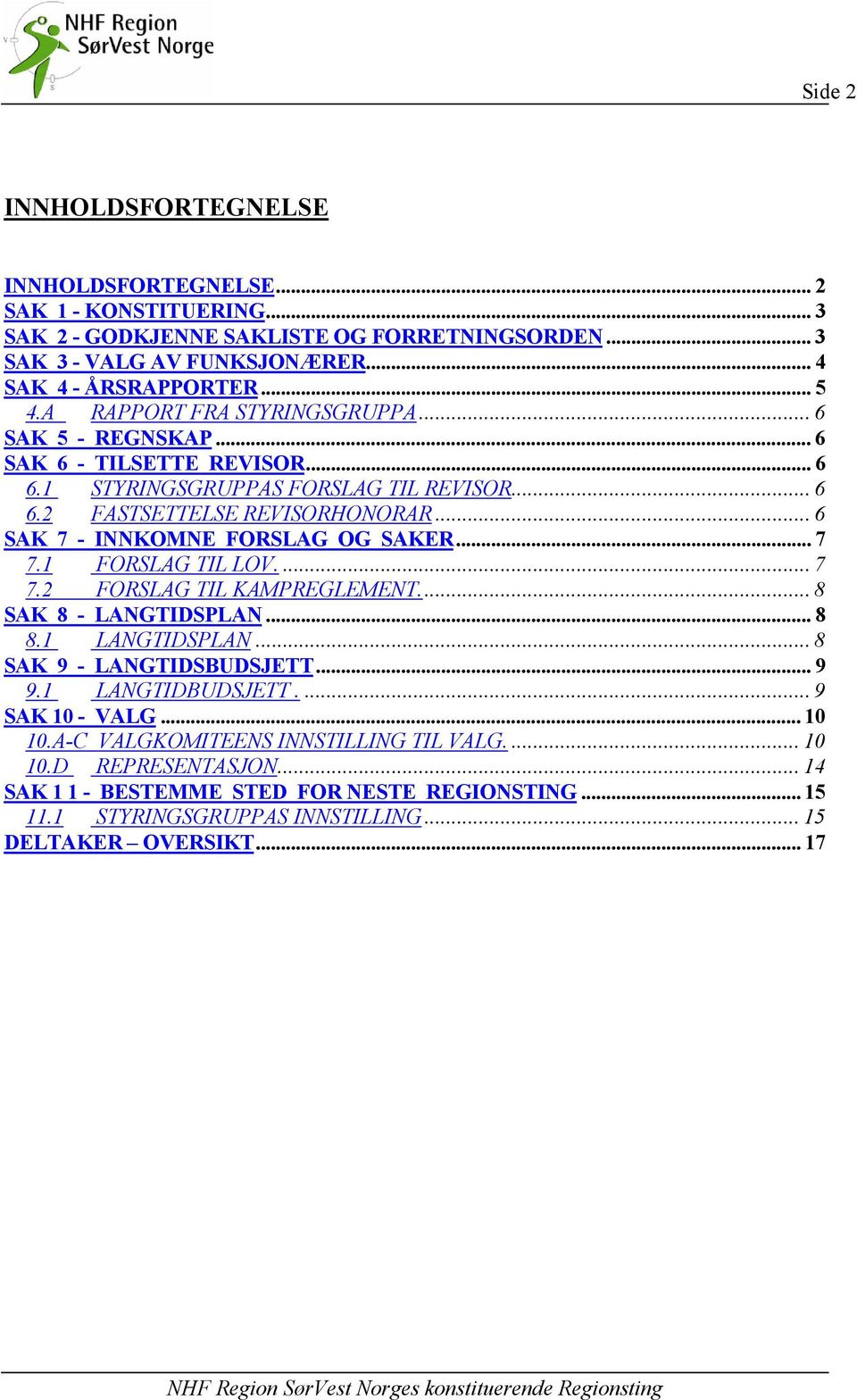 .. 6 SAK 7 - INNKOMNE FORSLAG OG SAKER... 7 7.1 FORSLAG TIL LOV.... 7 7.2 FORSLAG TIL KAMPREGLEMENT... 8 SAK 8 - LANGTIDSPLAN... 8 8.1 LANGTIDSPLAN... 8 SAK 9 - LANGTIDSBUDSJETT... 9 9.