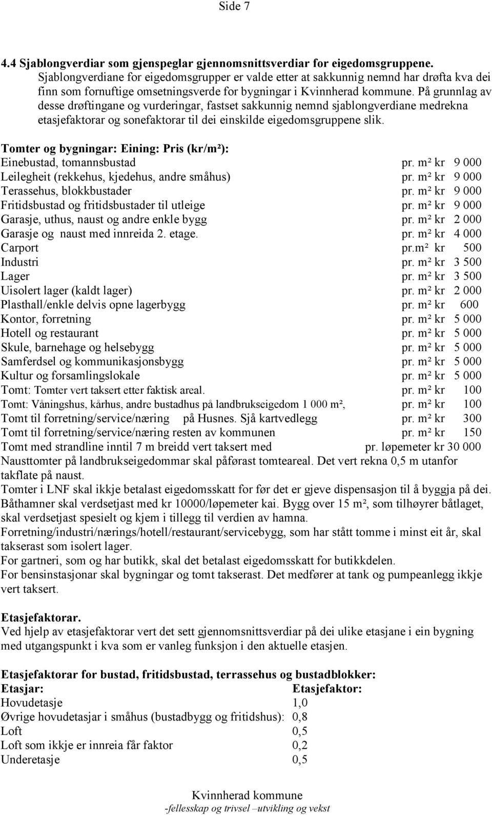 På grunnlag av desse drøftingane og vurderingar, fastset sakkunnig nemnd sjablongverdiane medrekna etasjefaktorar og sonefaktorar til dei einskilde eigedomsgruppene slik.