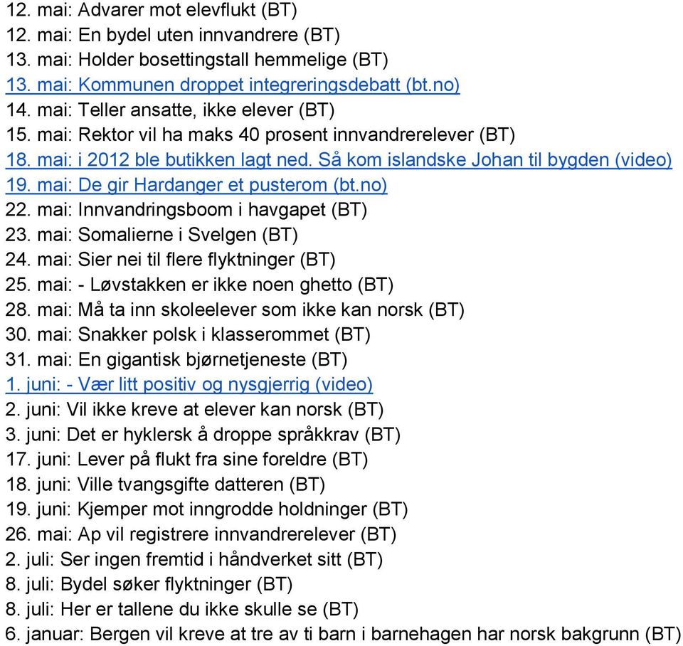 mai: De gir Hardanger et pusterom (bt.no) 22. mai: Innvandringsboom i havgapet (BT) 23. mai: Somalierne i Svelgen (BT) 24. mai: Sier nei til flere flyktninger (BT) 25.