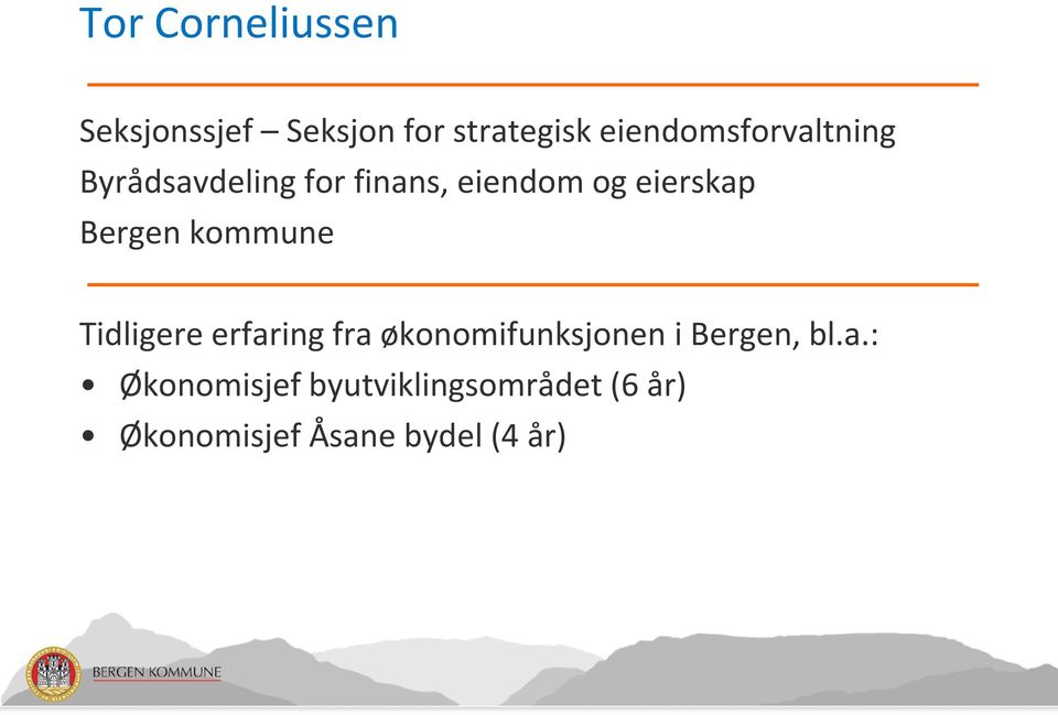 eierskap Bergen kommune Tidligere erfaring fra økonomifunksjonen