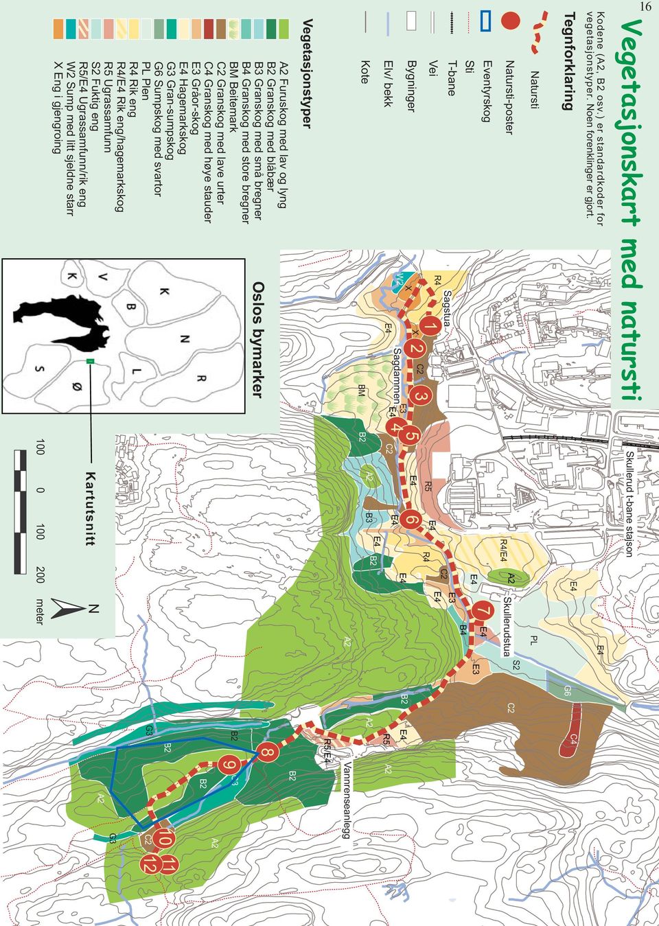 Hagemarkskog Oslos bymarker Vegetasjonstyper Kote BM Vei Bygninger Elv/ bekk X W2 Sagdammen X C2 2 3 Sagstua R4 1 2 3 T-bane Sti Eventyrskog Natursti-poster Natursti Tegnforklaring Kodene (A2, B2 osv.