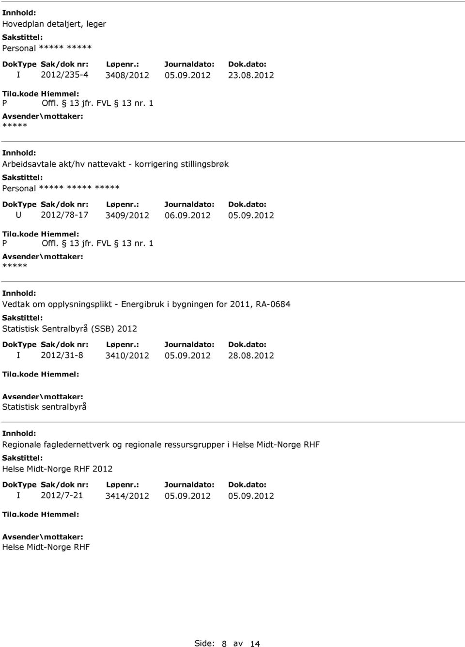 2012 nnhold: Arbeidsavtale akt/hv nattevakt - korrigering stillingsbrøk ersonal 2012/78-17 3409/2012 nnhold: Vedtak om