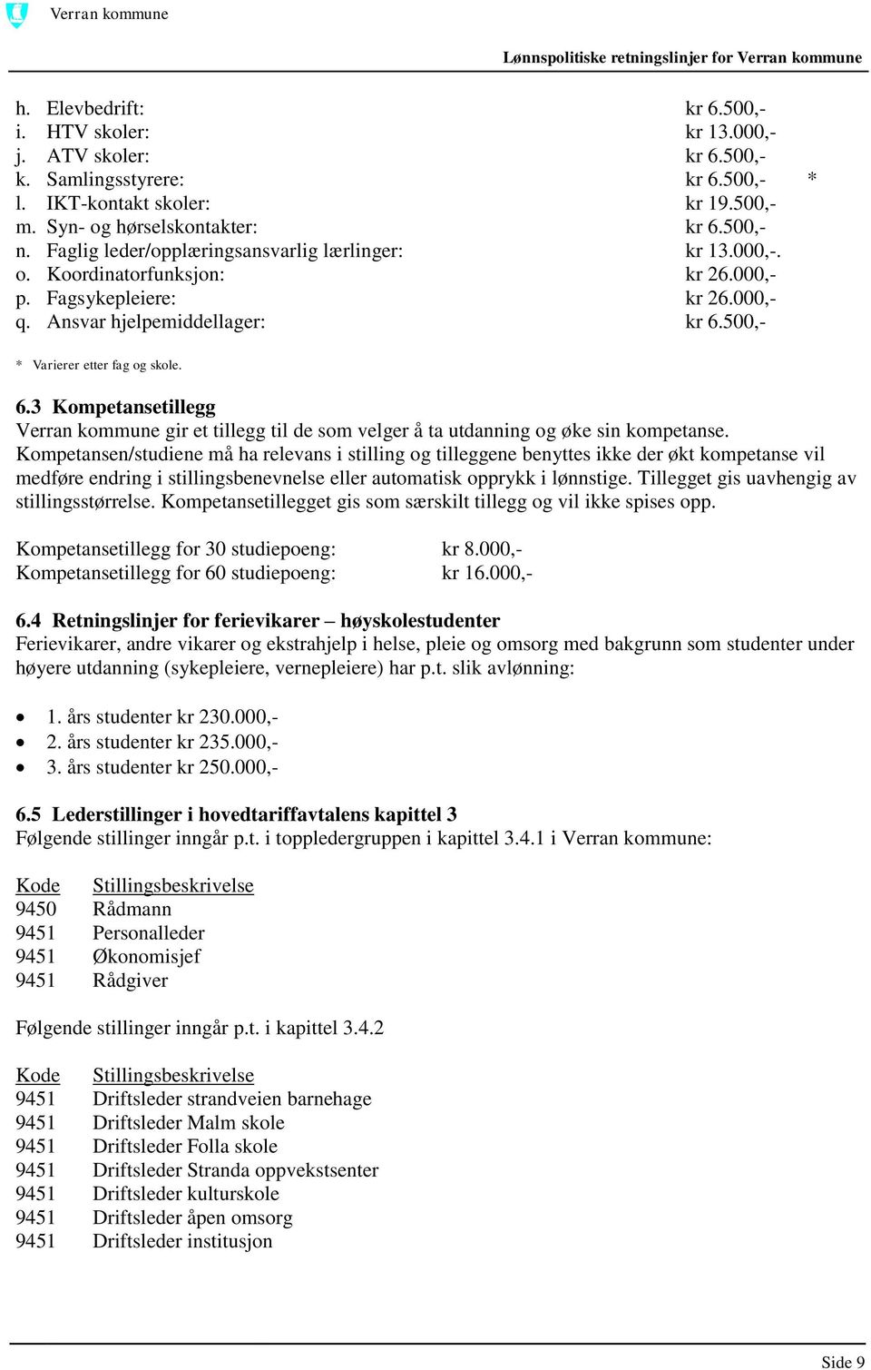 500,- * Varierer etter fag og skole. 6.3 Kompetansetillegg Verran kommune gir et tillegg til de som velger å ta utdanning og øke sin kompetanse.