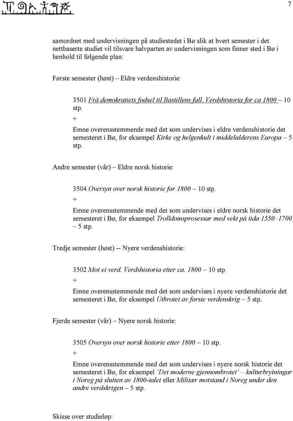 + Emne overensstemmende med det som undervises i eldre verdenshistorie det semesteret i Bø, for eksempel Kirke og helgenkult i middelalderens Europa 5 stp.