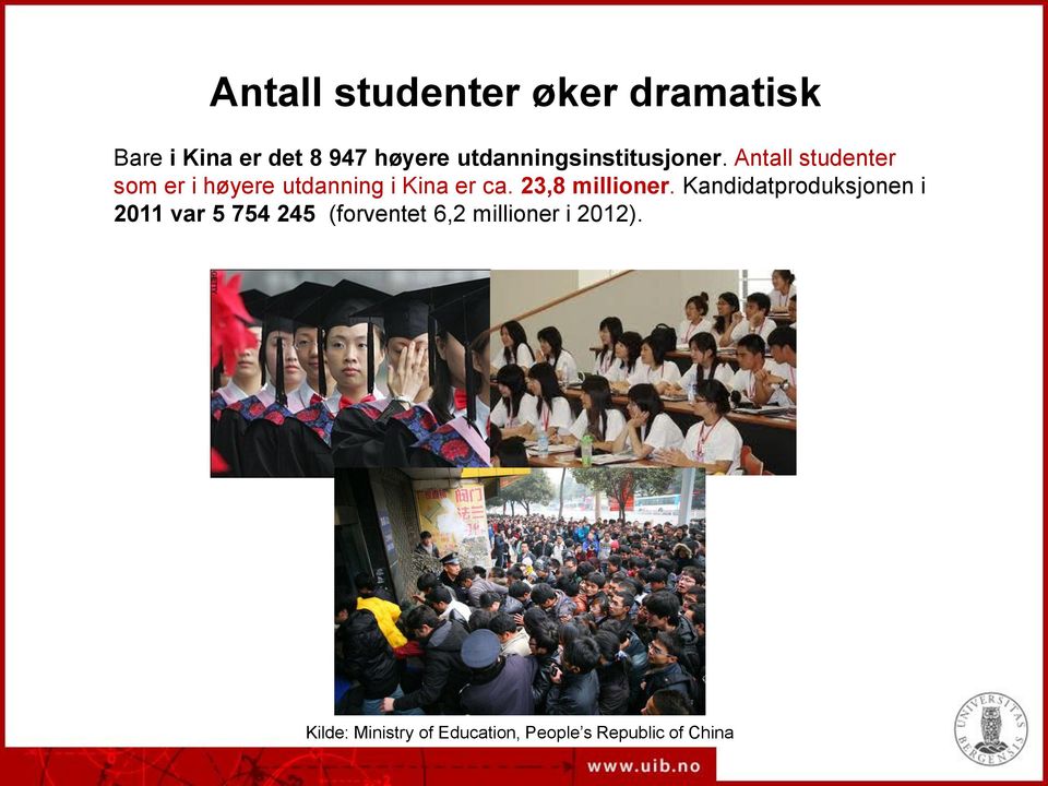 Antall studenter som er i høyere utdanning i Kina er ca. 23,8 millioner.